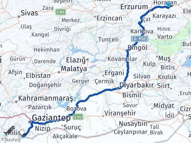 Erzurum Köprüköy Kilis Arası Kaç Km - Yol Haritası