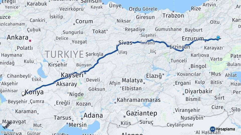 Erzurum Köprüköy Konya Arası Kaç Km - Yol Haritası