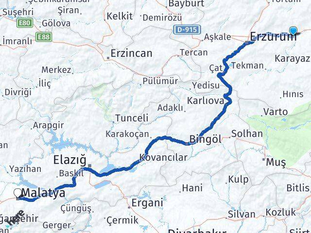 Erzurum Köprüköy Malatya Arası Kaç Km - Yol Haritası