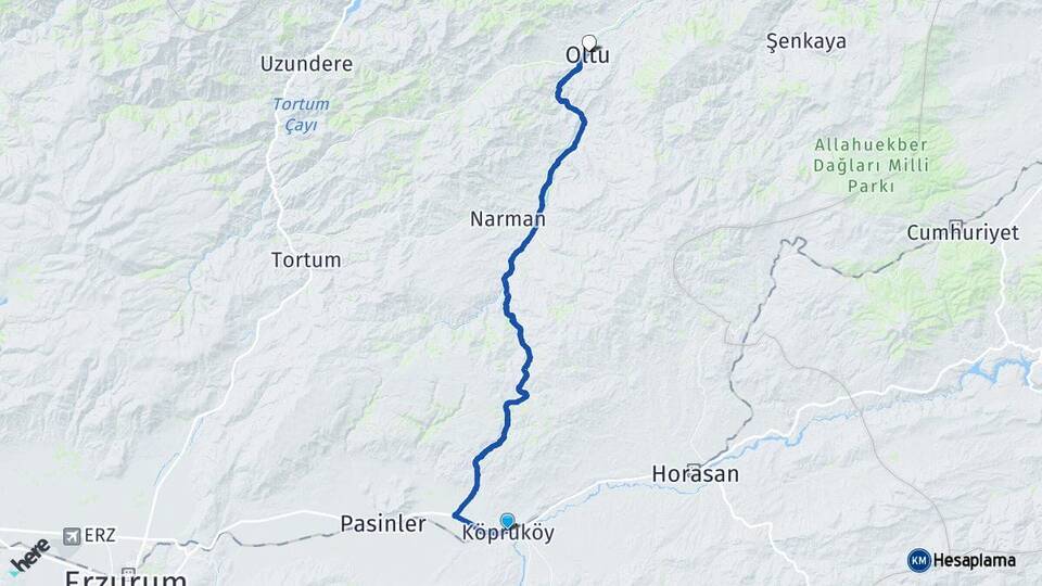 Erzurum Köprüköy Oltu Arası Kaç Km - Yol Haritası