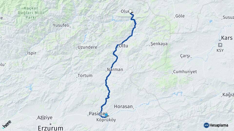 Erzurum Köprüköy Olur Arası Kaç Km - Yol Haritası