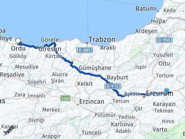 Erzurum Köprüköy Ordu Arası Kaç Km - Yol Haritası