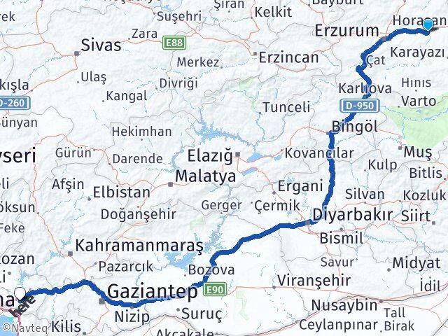 Erzurum Köprüköy Osmaniye Arası Kaç Km - Yol Haritası