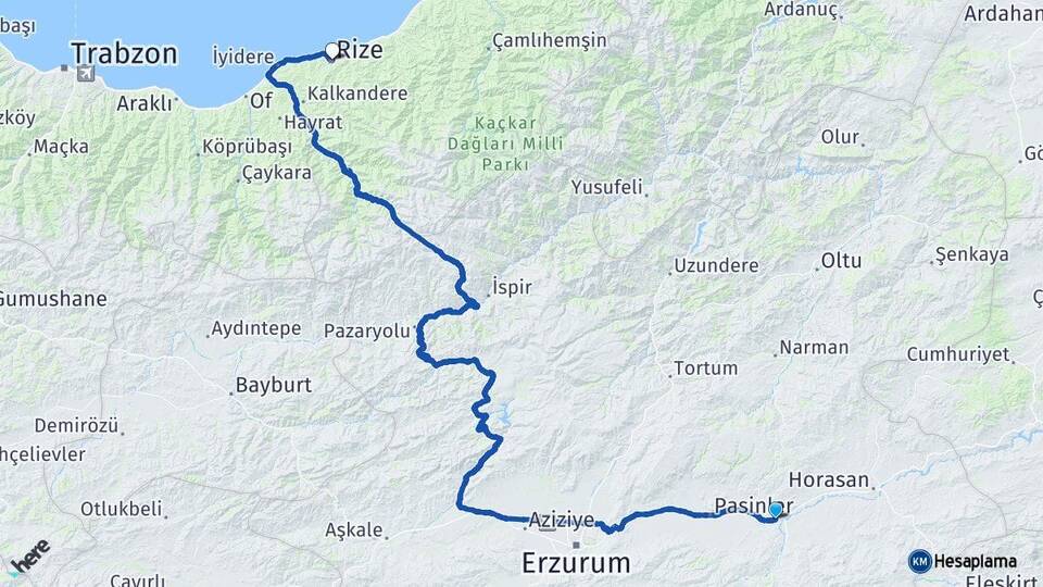 Erzurum Köprüköy Rize Arası Kaç Km - Yol Haritası