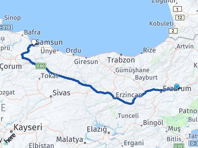 Erzurum Köprüköy Samsun Arası Kaç Km - Yol Haritası