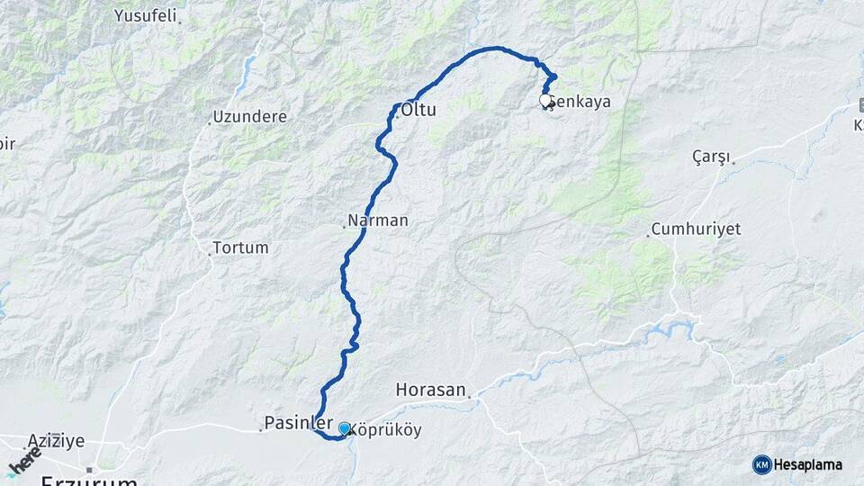 Erzurum Köprüköy Şenkaya Arası Kaç Km - Yol Haritası