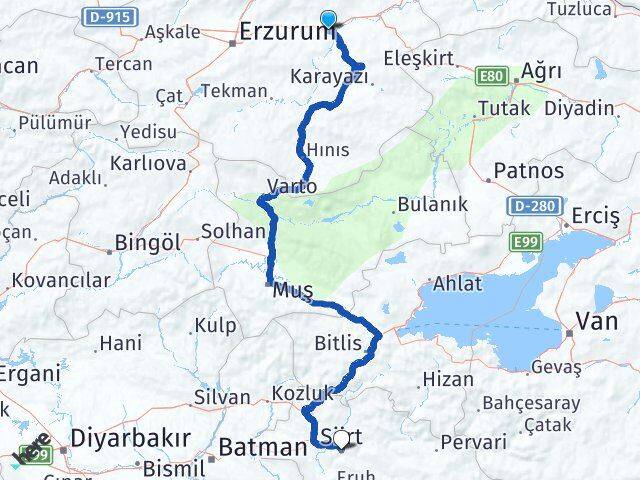 Erzurum Köprüköy Siirt Arası Kaç Km - Yol Haritası