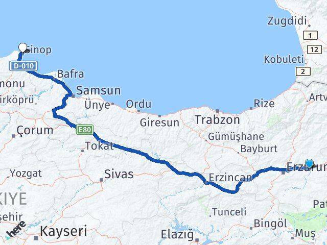Erzurum Köprüköy Sinop Arası Kaç Km - Yol Haritası