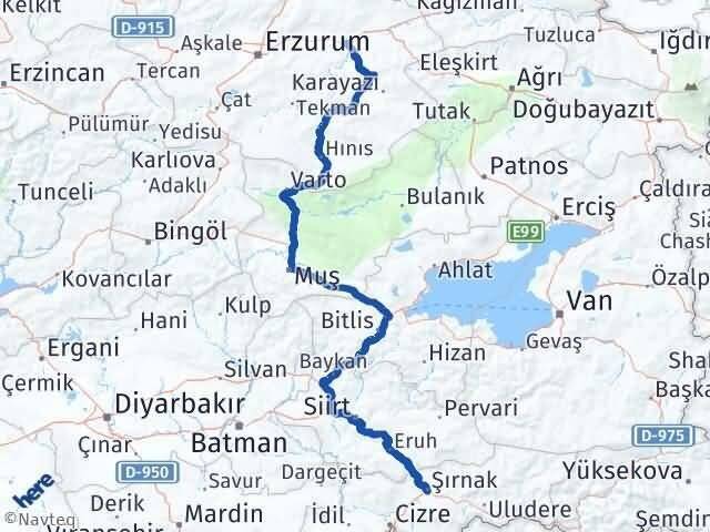 Erzurum Köprüköy Şırnak Arası Kaç Km - Yol Haritası