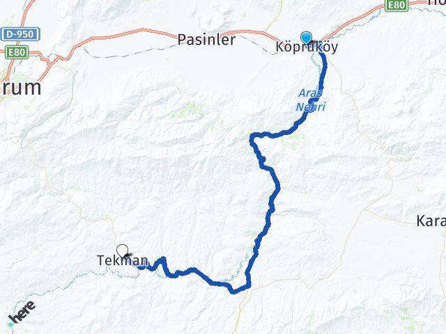 Erzurum Köprüköy Tekman Arası Kaç Km - Yol Haritası