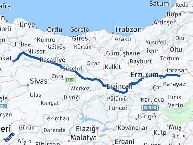 Erzurum Köprüköy Tokat Arası Kaç Km - Yol Haritası
