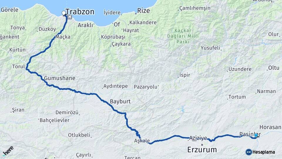 Erzurum Köprüköy Trabzon Arası Kaç Km - Yol Haritası