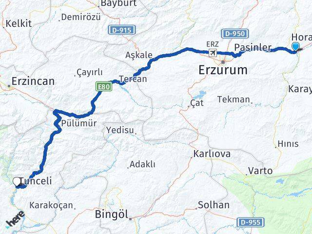 Erzurum Köprüköy Tunceli Arası Kaç Km - Yol Haritası