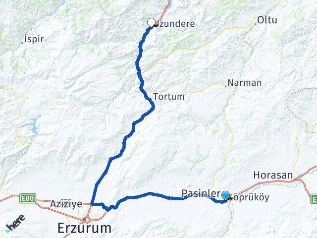 Erzurum Köprüköy Uzundere Arası Kaç Km - Yol Haritası