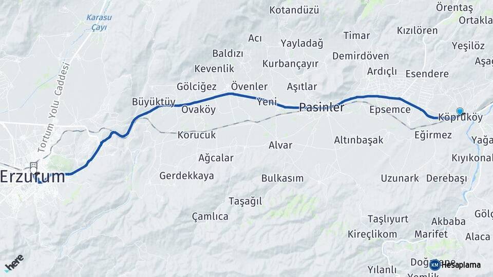 Erzurum Köprüköy Yakutiye Arası Kaç Km - Yol Haritası