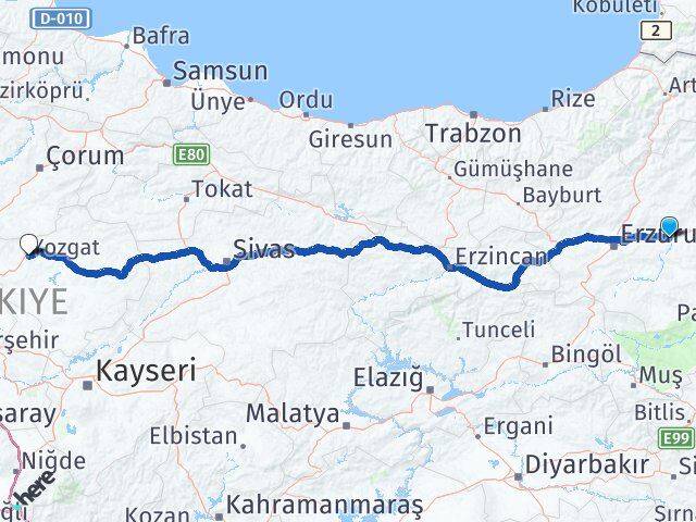Erzurum Köprüköy Yozgat Arası Kaç Km - Yol Haritası