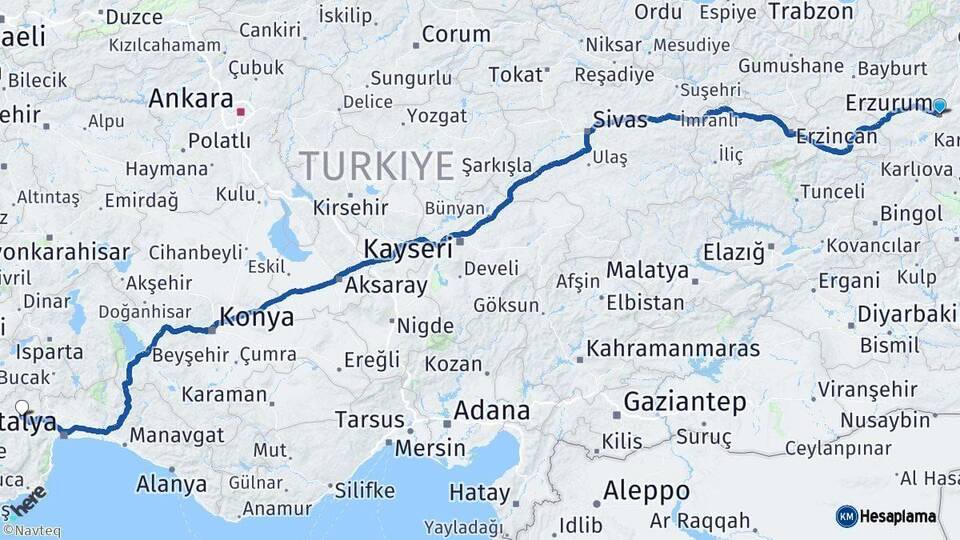 Erzurum Korkuteli Antalya Arası Kaç Km - Yol Haritası