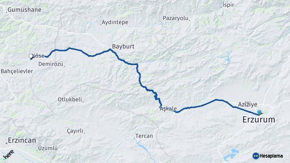 Erzurum Köse Gümüşhane Arası Kaç Km - Yol Haritası