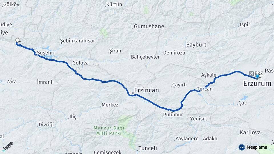 Erzurum Koyulhisar Sivas Arası Kaç Km - Yol Haritası