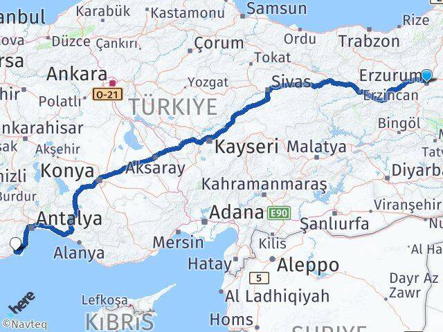 Erzurum Kumluca Antalya Arası Kaç Km - Yol Haritası
