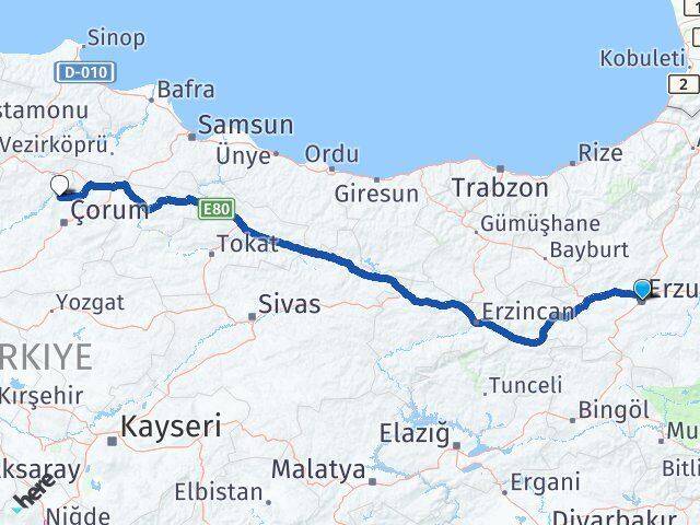 Erzurum Laçin Çorum Arası Kaç Km - Yol Haritası