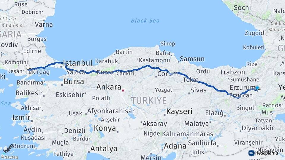 Erzurum Malkara Tekirdağ Arası Kaç Km - Yol Haritası