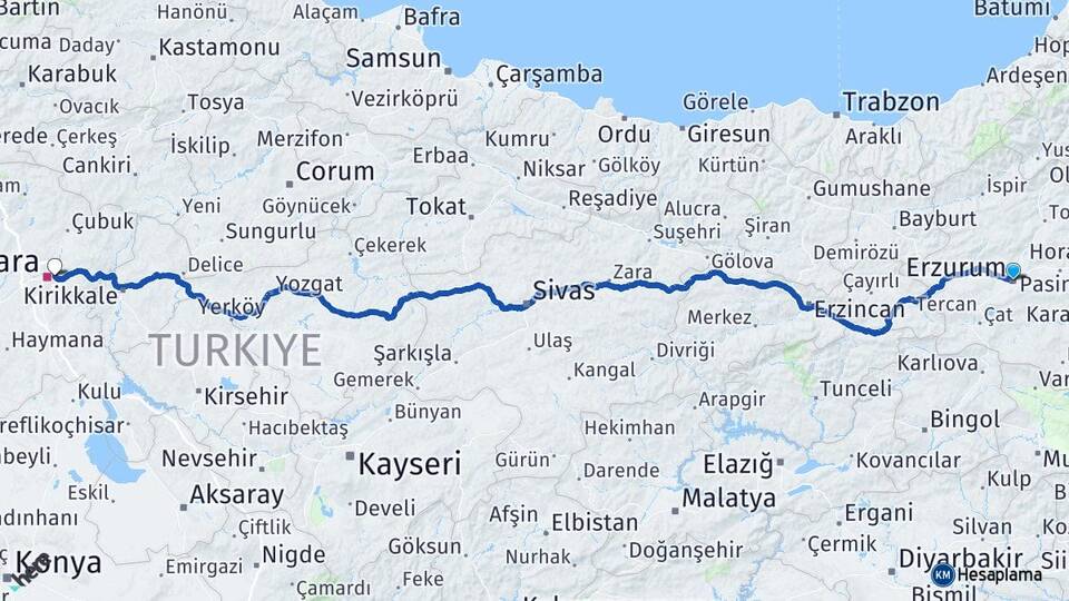Erzurum Mamak Ankara Arası Kaç Km - Yol Haritası