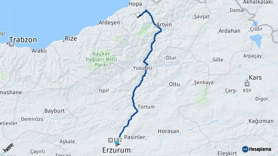 Erzurum Murgul Artvin Arası Kaç Km - Yol Haritası