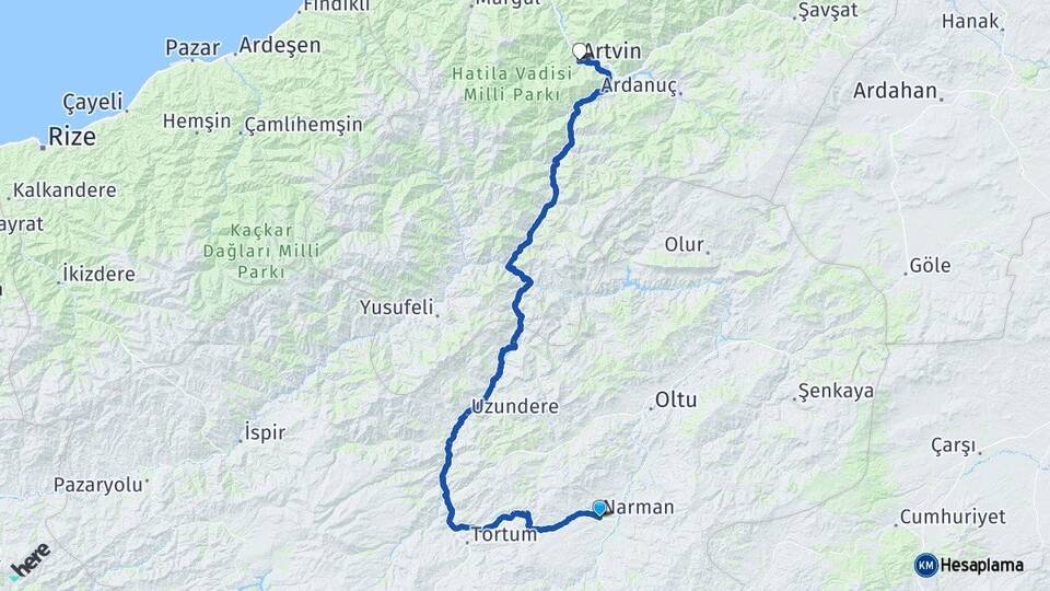 Erzurum Narman Artvin Arası Kaç Km - Yol Haritası