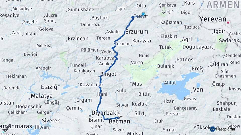 Erzurum Narman Batman Arası Kaç Km - Yol Haritası