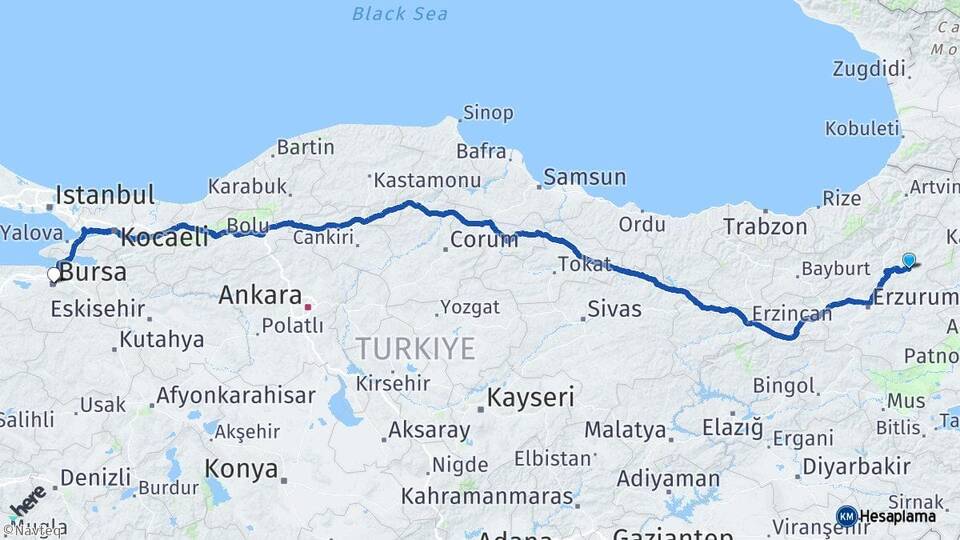Erzurum Narman Bursa Arası Kaç Km - Yol Haritası