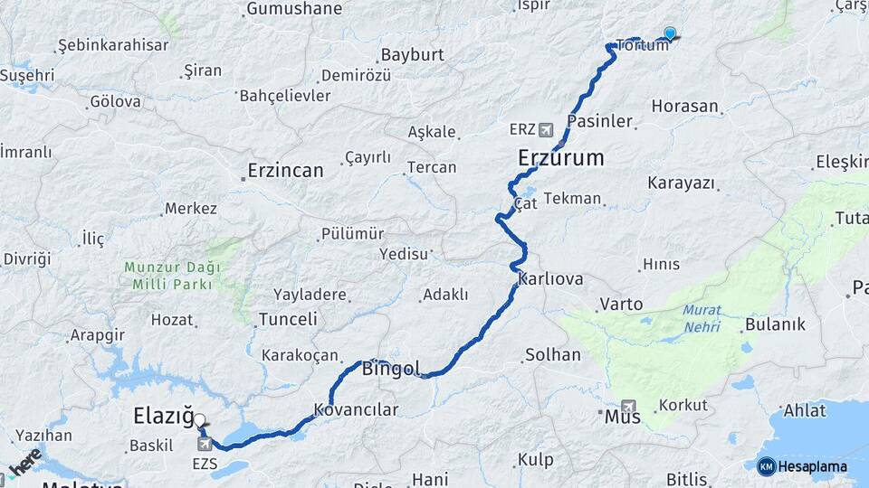 Erzurum Narman Elazığ Arası Kaç Km - Yol Haritası