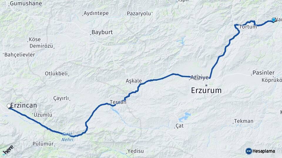 Erzurum Narman Erzincan Arası Kaç Km - Yol Haritası
