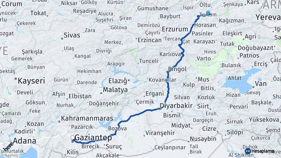 Erzurum Narman Gaziantep Arası Kaç Km - Yol Haritası