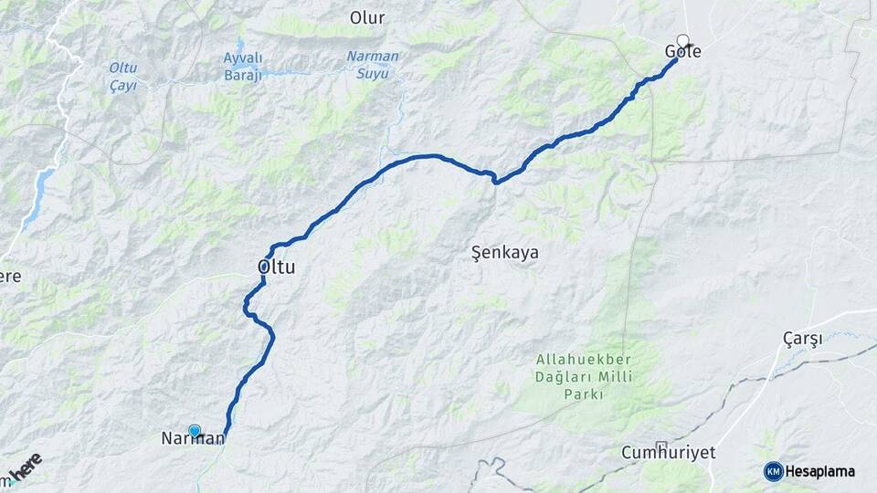 Erzurum Narman Göle Ardahan Arası Kaç Km - Yol Haritası