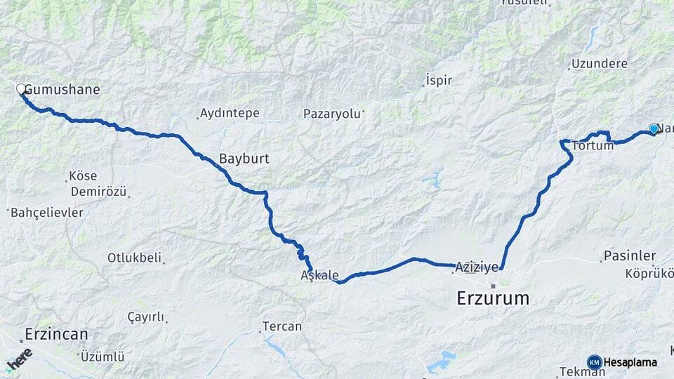 Erzurum Narman Gümüşhane Arası Kaç Km - Yol Haritası