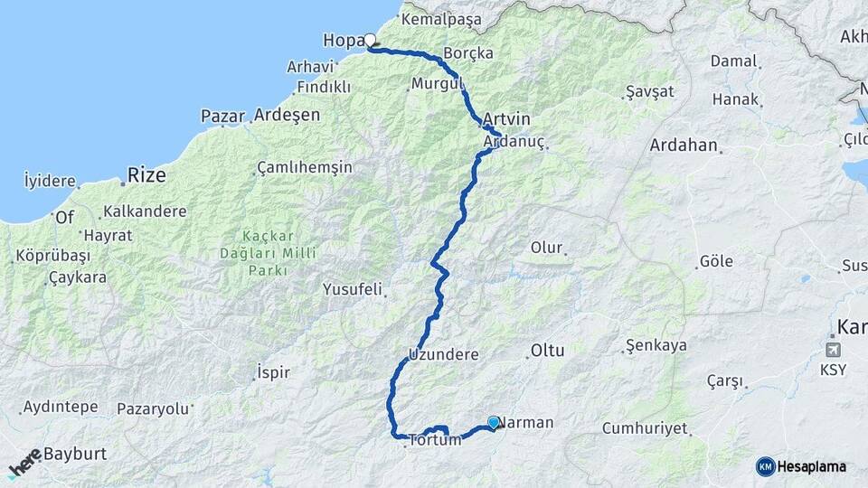Erzurum Narman Hopa Artvin Arası Kaç Km - Yol Haritası