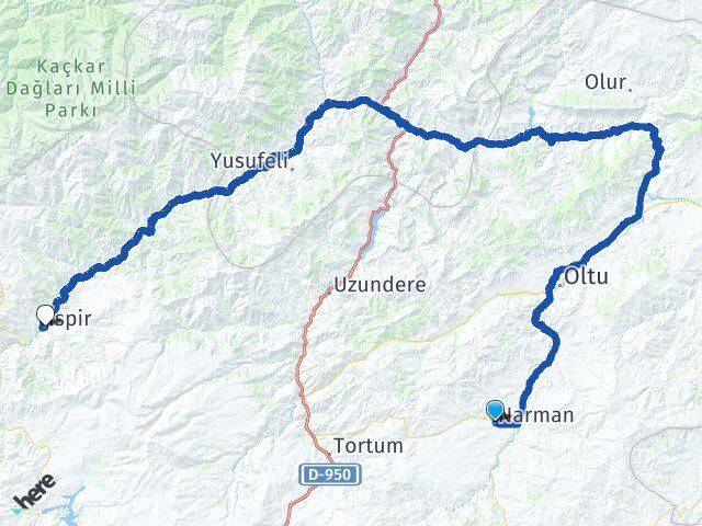 Erzurum Narman İspir Arası Kaç Km - Yol Haritası