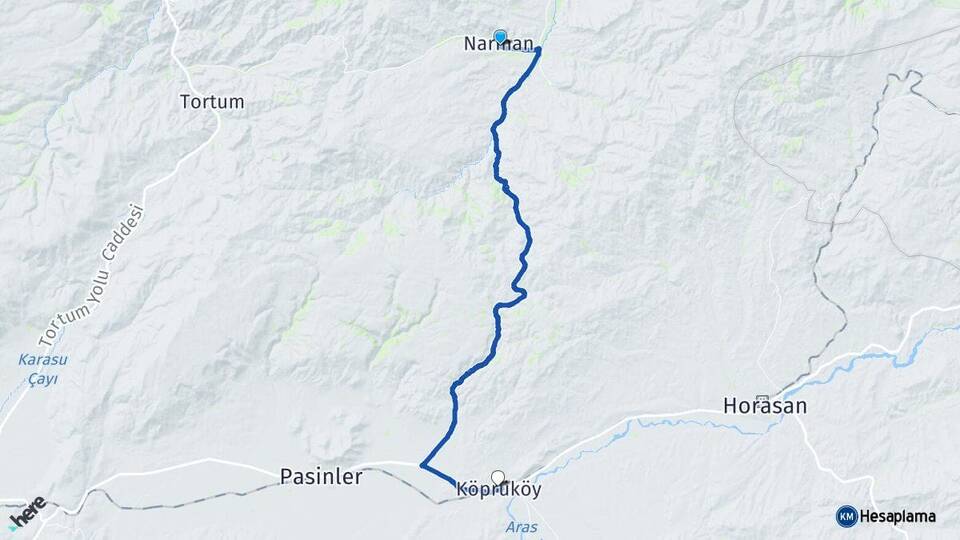 Erzurum Narman Köprüköy Arası Kaç Km - Yol Haritası