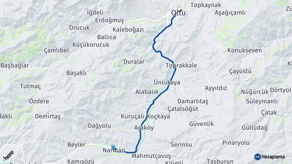 Erzurum Narman Oltu Arası Kaç Km - Yol Haritası