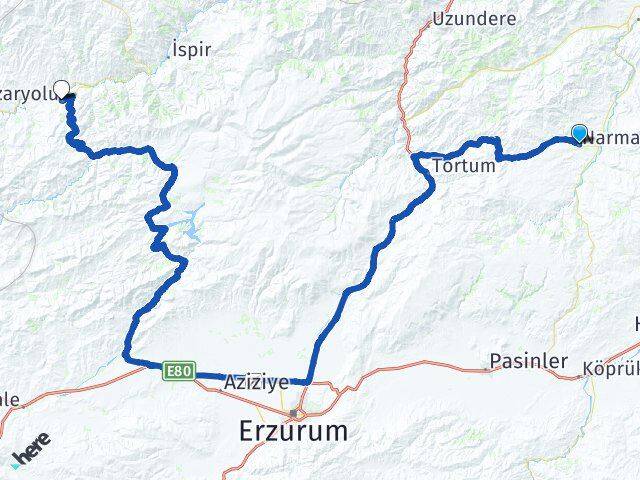 Erzurum Narman Pazaryolu Arası Kaç Km - Yol Haritası