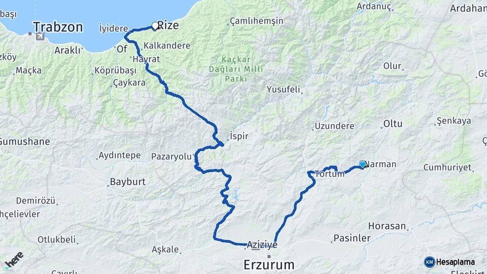 Erzurum Narman Rize Arası Kaç Km - Yol Haritası