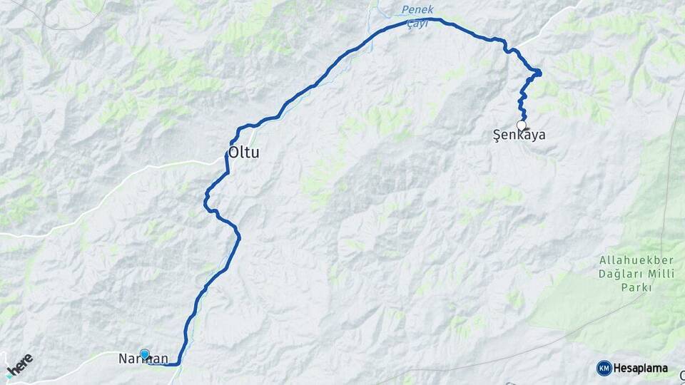 Erzurum Narman Şenkaya Arası Kaç Km - Yol Haritası