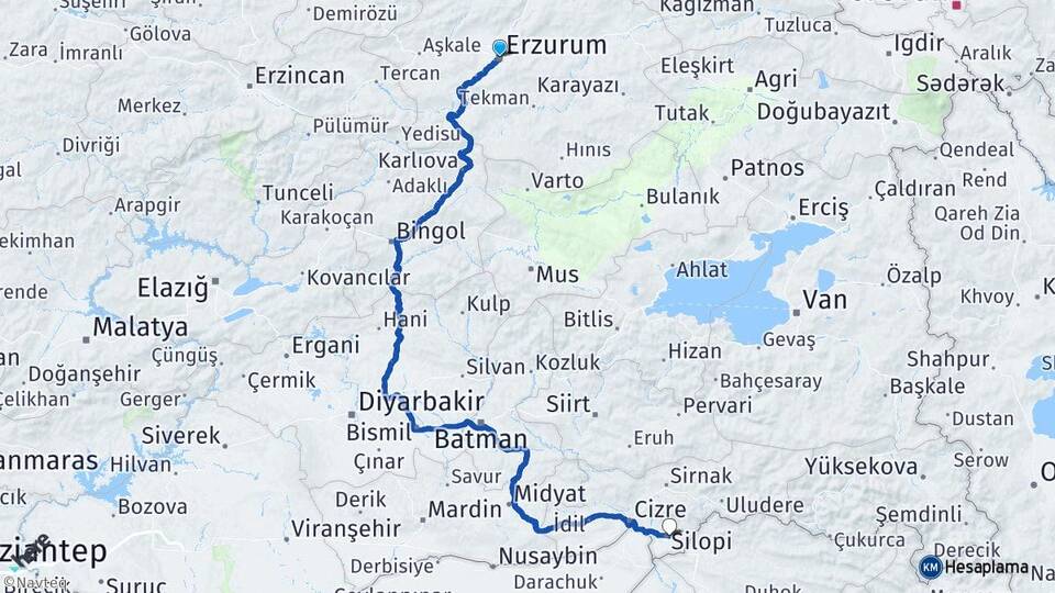 Erzurum Ofis Silopi Şırnak Arası Kaç Km - Yol Haritası