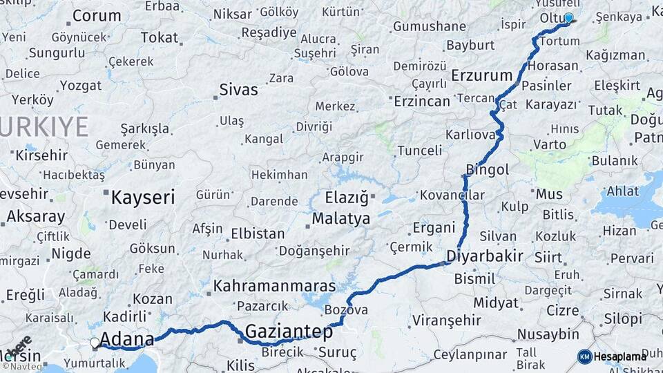 Erzurum Oltu Adana Arası Kaç Km - Yol Haritası