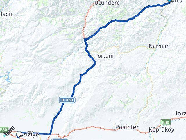 Erzurum Oltu Aziziye Arası Kaç Km - Yol Haritası