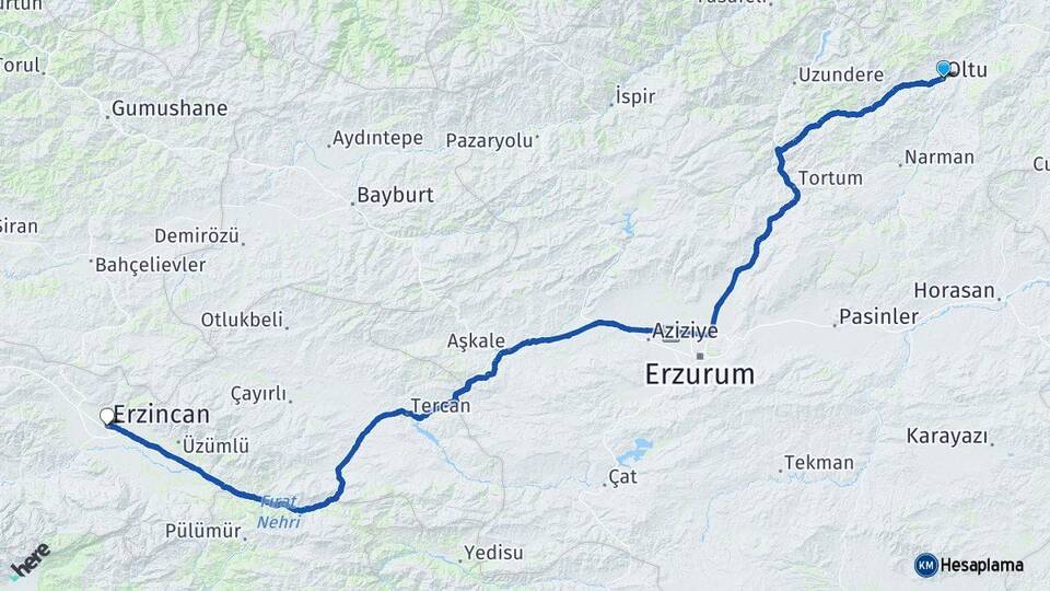 Erzurum Oltu Erzincan Arası Kaç Km - Yol Haritası