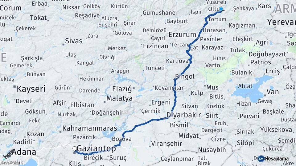 Erzurum Oltu Gaziantep Arası Kaç Km - Yol Haritası