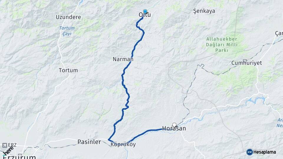 Erzurum Oltu Horasan Arası Kaç Km - Yol Haritası