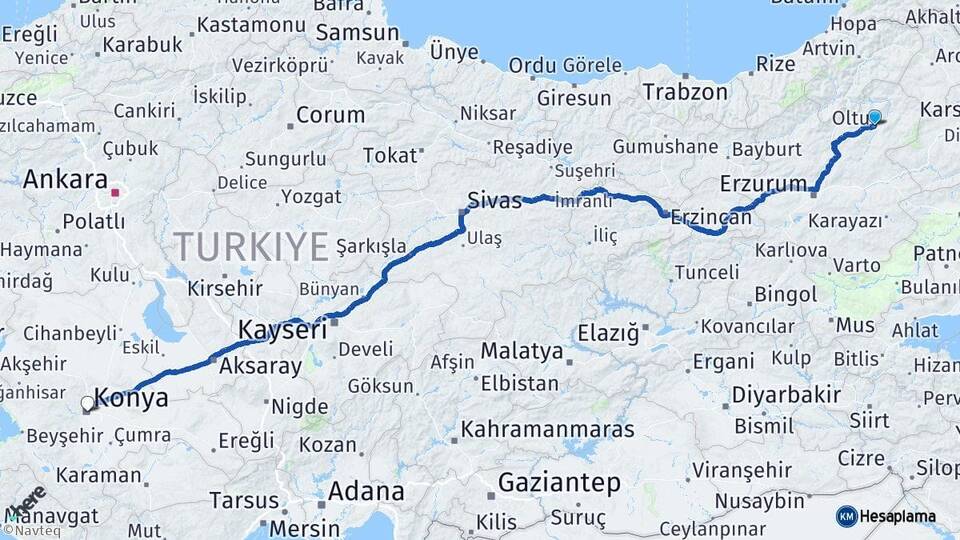Erzurum Oltu Konya Arası Kaç Km - Yol Haritası